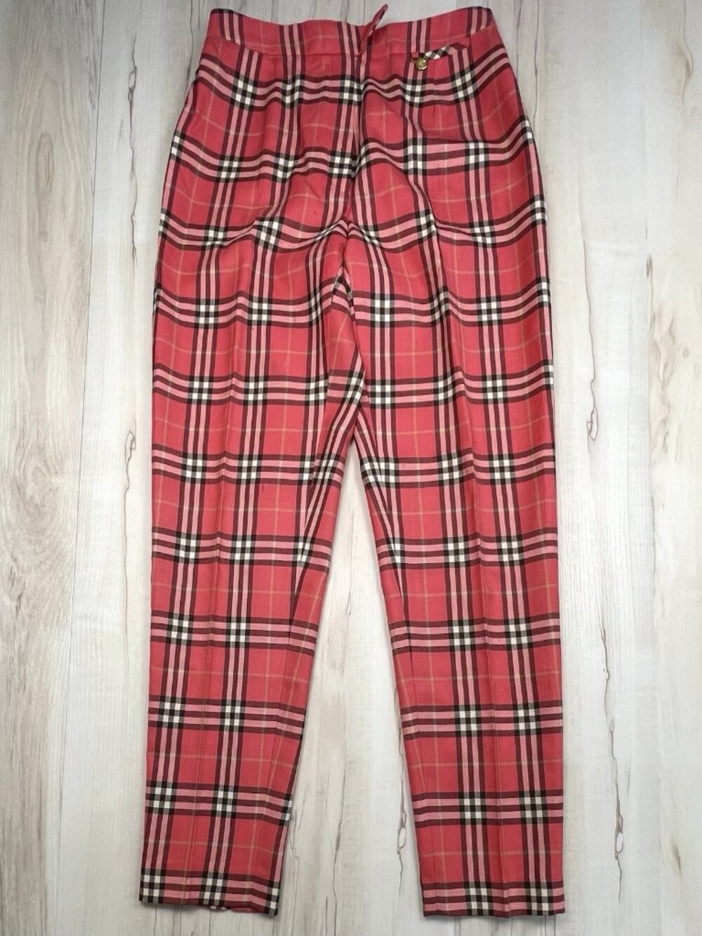 VTG 90s BURBERRY Burberrys Womens 6 Pink Plaid 100% Wool Tapered PANTS *Flaws*
